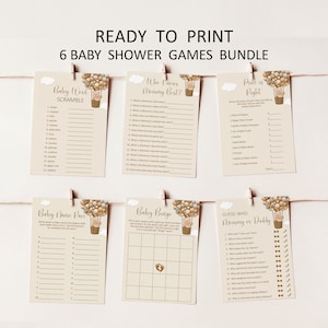 Pacchetto di giochi per baby shower con orsetto di peluche, gioco per baby shower con orsetto in mongolfiera, giochi per baby shower "Non vediamo l'ora" stampabili, NON modificabili C14