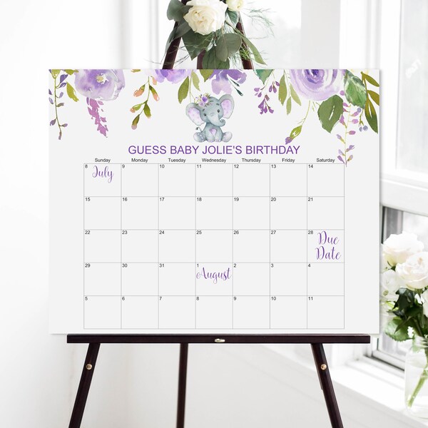 Elephant Baby Due Date Calendar Game Purple Elephant Baby Shower Game Guess Baby's Birthday Baby Prediction Game Personalized File C67