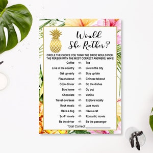 Would She Rather Game Tropical Bridal Shower Hawaiian Luau Bridal Shower Game Printable NOT Editable B74