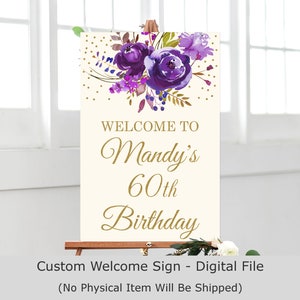 Panneau de bienvenue d'anniversaire violet personnalisé affiche de bienvenue imprimable paillettes d'or femmes décorations d'anniversaire A73