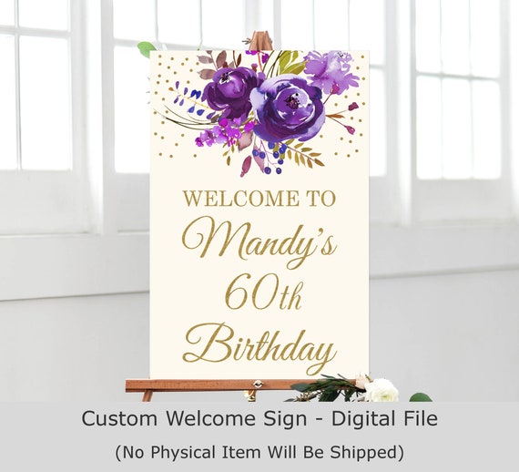 Floral Birthday Welcome Sign Printable Purple Floral Gold Etsy