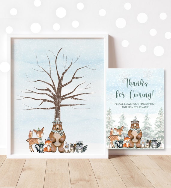 Thumbprint Guestbook Fingerprint Tree Printable Woodland Baby Shower Birthday Keepsake Winter Woodland Animals NOT Editable A1 C4 Il_570xn