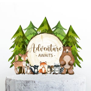 PRINTABLE Woodland Cake Topper Adventure Awaits Woodland Baby Shower Cake Topper Forest Animal Party Decor NOT Editable 0120
