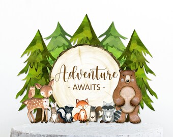 DRUCKBARE Wald Kuchen Dekoration Abenteuer erwartet Wald-Baby-Dusche-Kuchen-Deckel Waldtier Party Dekor 0120