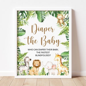 Blindfolded Diaper Changing Game Jungle Baby Shower Jungle Animals Safari Baby Shower Game Diaper Game Sign Printable NOT Editable 0127