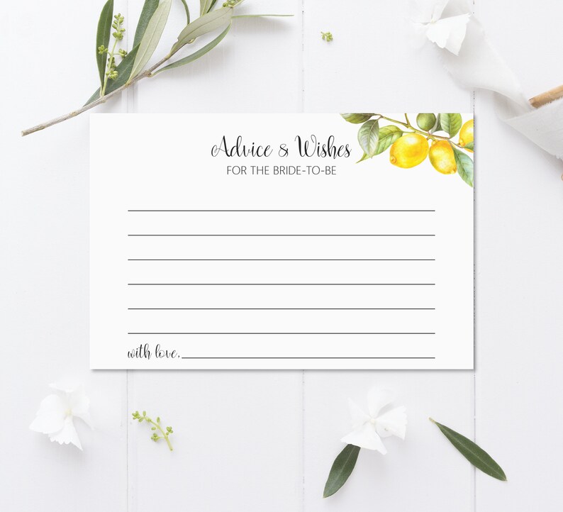 May include: A white card with the text "Advice & Wishes for the Bride-to-Be" and a watercolor illustration of lemons and leaves. The card has lines for writing and the text "with love..." at the bottom.