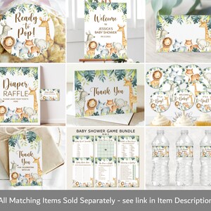 May include: A collection of baby shower decorations featuring watercolor illustrations of safari animals. Items include a welcome sign, cupcake toppers, water bottle labels, and a diaper raffle sign. The theme includes the text "Ready to Pop!" and "Thank You".