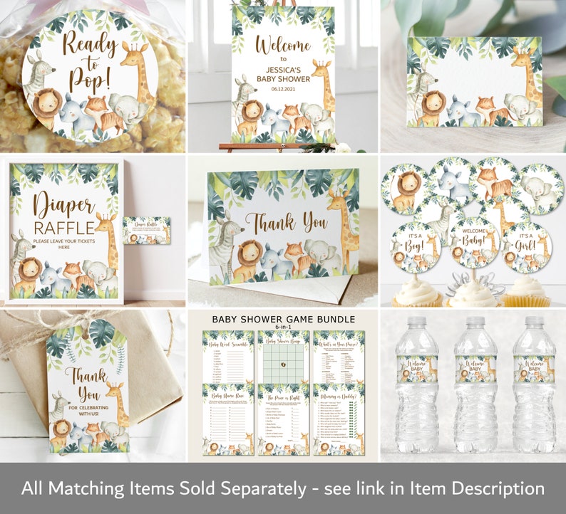 May include: A collection of baby shower decorations featuring watercolor illustrations of safari animals. Items include a welcome sign, cupcake toppers, water bottle labels, and a diaper raffle sign. The theme includes the text "Ready to Pop!" and "Thank You".