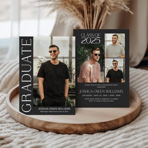 Anuncio de graduación editable de la Clase 2025. Tarjeta fotográfica de graduación moderna. Plantilla de invitación de graduación (Corjl 0143).