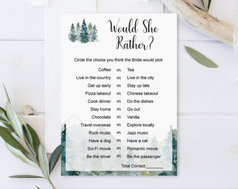 Would She Rather Mountains Bridal Shower Game Wedding Shower Game Winter Rustic Trees NOT Editable B96