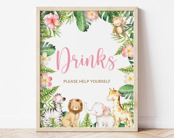 Safari Girl Drinks Sign – Pink Jungle Animals Baby Shower or Birthday Party Decor Printable  0127