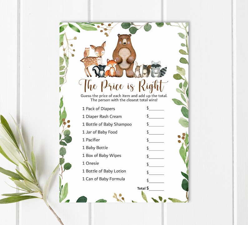 May include: A printable game card with a woodland theme. The card has a title that says "The Price is Right" and a list of baby items with blank spaces to fill in the price. The card is decorated with watercolor illustrations of woodland animals, including a bear, a fox, a deer, a raccoon, and an owl.