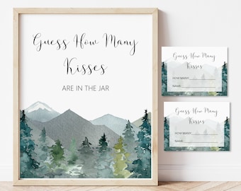 Guess How Many Kisses Are In The Jar Game Winter Woodland Trees Mountains Bridal Shower Game Printable NOT Editable B96