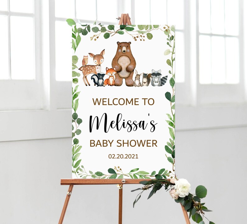 Woodland Baby Shower Welcome Sign Forest Baby Shower Gender Reveal Party Sign Greenery Woodland Animals Personalized Printable Sign A2 C1