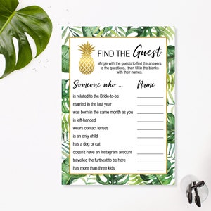 Find The Guest Bridal Shower Game Hawaiian Luau Bridal Shower Game Icebreaker Game Tropical Bridal Shower Palm Leaves NOT Editable B82