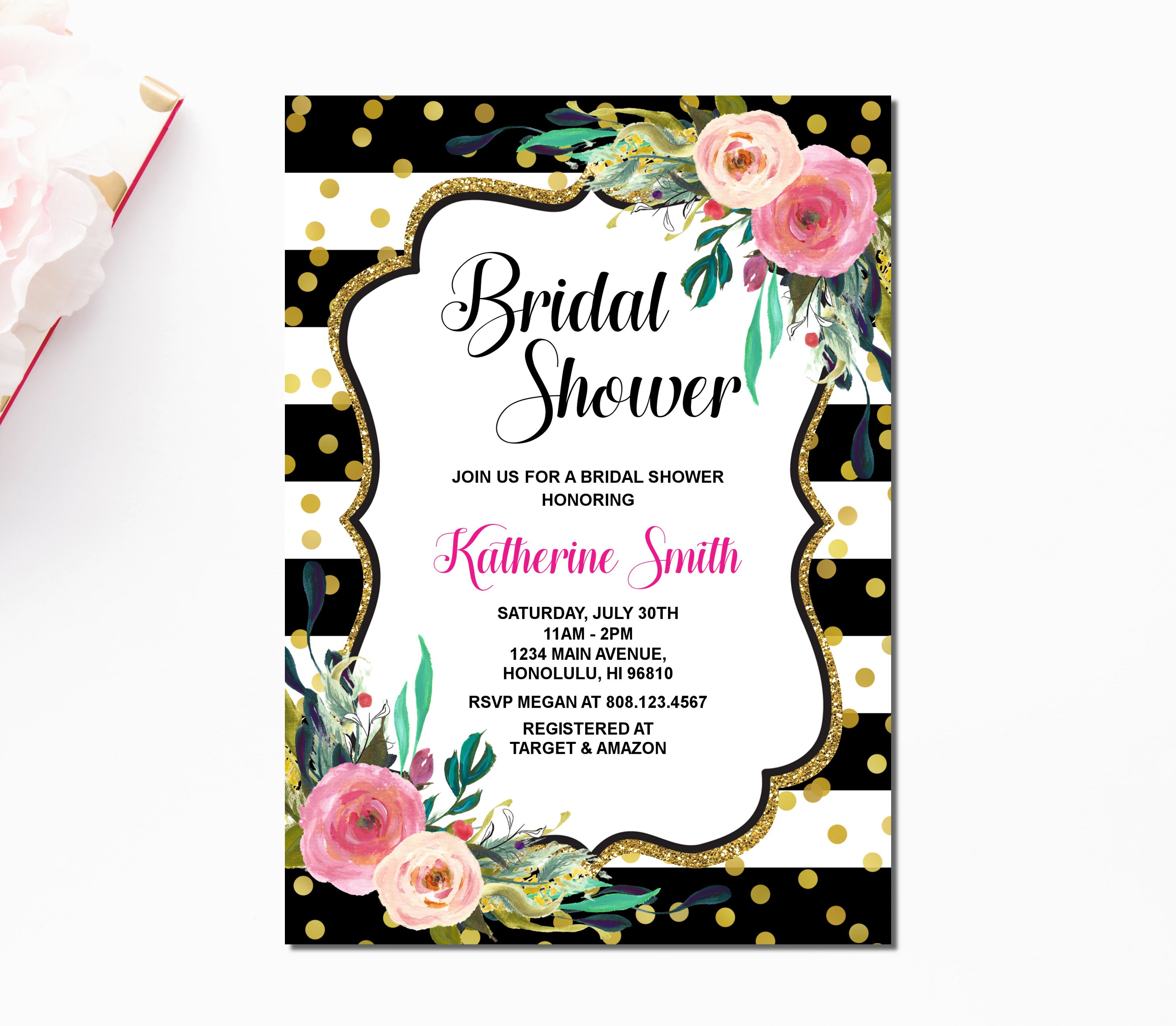 Floral Bridal Shower Invitation Black White & Gold Pink Etsy