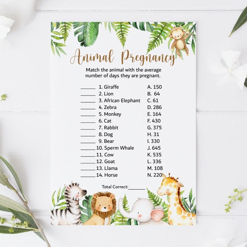 Dierlijke zwangerschap spel Dierlijke dracht spel Jungle babyshower Jungle dieren Safari babyshower spel Afdrukbaar, NIET bewerkbaar 0127