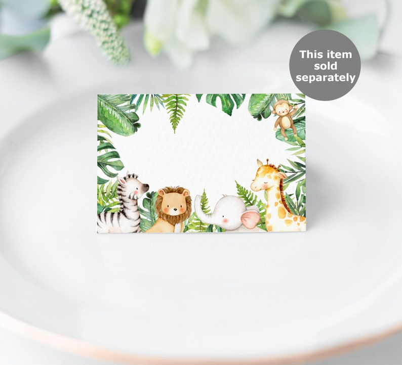 Pode incluir: Um cart&atilde;o branco com uma borda de selva verde que apresenta uma zebra, um le&atilde;o, um elefante e uma girafa. O cart&atilde;o tem um espa&ccedil;o em branco para escrever um nome. Este item &eacute; vendido separadamente.
