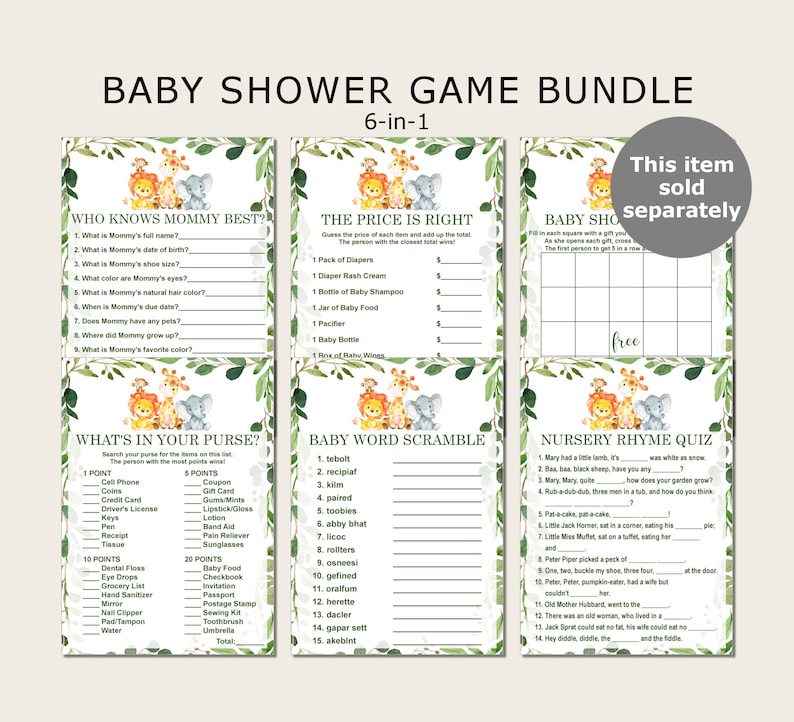 May include: A set of six printable baby shower game cards featuring a jungle animal theme with a lion, giraffe, and elephant. The games include "Who Knows Mommy Best?", "The Price is Right", "Baby Shower Bingo", "What's in Your Purse?", "Baby Word Scramble", and "Nursery Rhyme Quiz".