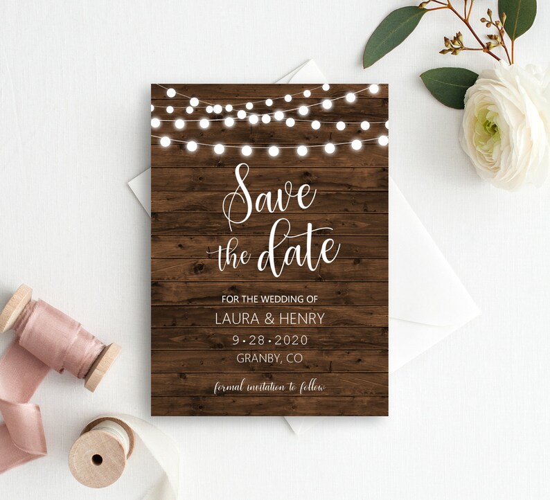 A74 B62 B63 B64 B67 B68 Wood String Lights Save the Date Cards Personalized Digital File Rustic Wedding Announcement Printable