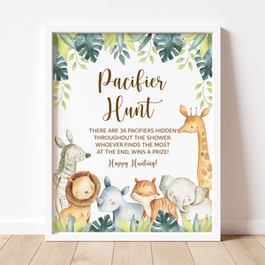 Pacifier Hunt Game Sign Jungle Baby Shower Game Jungle Animals Safari Baby Shower Game  Printable Gender Neutral NOT Editable 0129