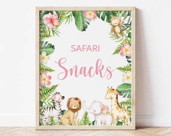 Safari Girl Safari Snacks Sign – Pink Jungle Animals Baby Shower or Birthday Party Decor Printable  0127