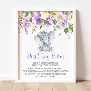Elephant Baby Shower Don&#39;t Say Baby Game Sign Clothespins Game Purple Elephant Baby Shower Game Printable NOT Editable C67