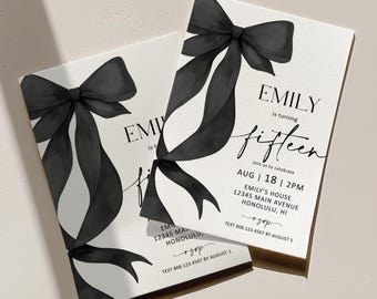 Convite de aniversário editável com laço preto, convite elegante para 15 anos, convite moderno com fita preta (qualquer idade) Corjl 0155