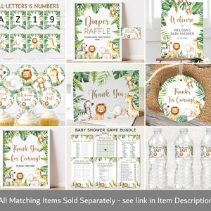 May include: A jungle-themed baby shower party printable set with a green, brown, and gold color scheme. The set includes a welcome sign, a diaper raffle sign, thank you cards, cupcake toppers, water bottle labels, and game cards. The set features a variety of jungle animals, including lions, zebras, giraffes, and monkeys.