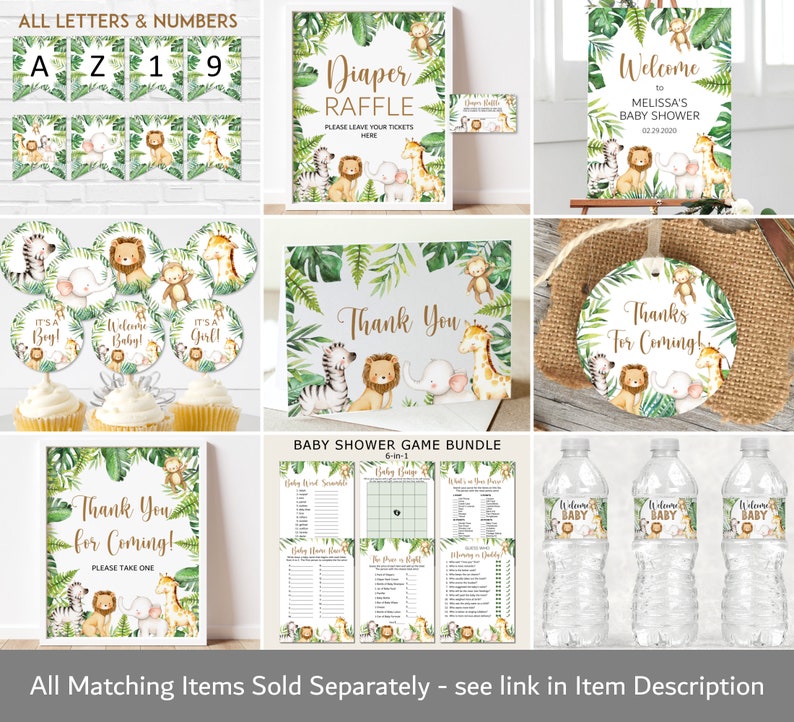 May include: A jungle-themed baby shower party printable set with a green, brown, and gold color scheme. The set includes a welcome sign, a diaper raffle sign, thank you cards, cupcake toppers, water bottle labels, and game cards. The set features a variety of jungle animals, including lions, zebras, giraffes, and monkeys.