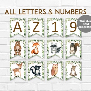 May include: A set of 8 woodland animal themed printable pennant flags. Each flag features a different animal, including a bear, fox, raccoon, squirrel, deer, skunk, owl, and rabbit. The flags are decorated with green leaves and are perfect for a woodland themed party or nursery.
