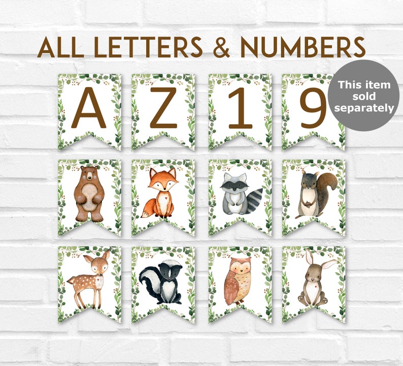 May include: A set of 8 woodland animal themed printable pennant flags. Each flag features a different animal, including a bear, fox, raccoon, squirrel, deer, skunk, owl, and rabbit. The flags are decorated with green leaves and are perfect for a woodland themed party or nursery.