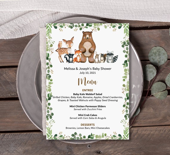 Woodland Animals Menu Printable Menu Cards Menu Sign Woodland Baby ...