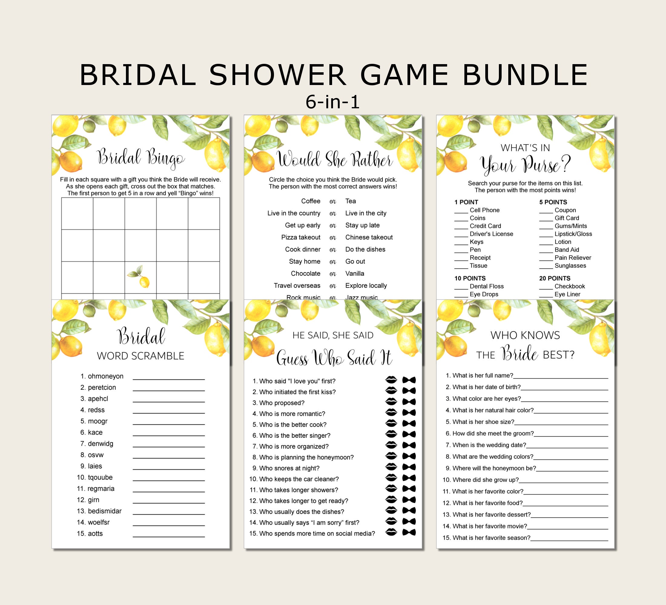 Lemon Bridal Shower Games Printable Citrus Lemon Theme Bridal Etsy