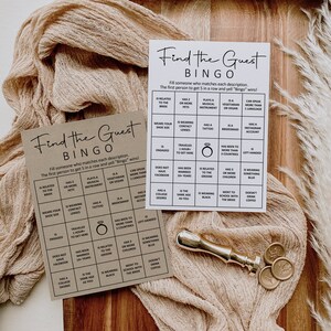 Encuentra el juego de bingo invitado Juego de despedida de soltera minimalista Juego de ducha de boda rústico Juego rompehielos Imprimible NO editable B3