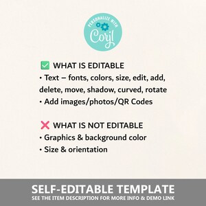 Pode incluir: Uma lista de verifica&ccedil;&atilde;o do que &eacute; edit&aacute;vel e do que n&atilde;o &eacute; edit&aacute;vel em um modelo autoedit&aacute;vel. Os elementos edit&aacute;veis incluem texto, fontes, cores, tamanho, editar, adicionar, excluir, mover, sombra, curvado, girar e adicionar imagens/fotos/c&oacute;digos QR. Os elementos n&atilde;o edit&aacute;veis incluem gr&aacute;ficos, cor de fundo, tamanho e orienta&ccedil;&atilde;o. O texto "PERSONALIZE WITH Coril" est&aacute; em um c&iacute;rculo azul com um &iacute;cone de engrenagem.
