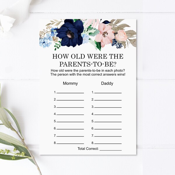 How Old Were The Parents To Be Game How Old Were They Game Printable Navy Blue Blush Pink Floral NOT Editable C98