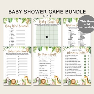 May include: A set of six printable baby shower game cards featuring jungle animal illustrations. The games include Baby Word Scramble, Baby Bingo, What's in Your Purse, Baby Name Race, The Price is Right, and Guess Who: Mummy or Daddy?