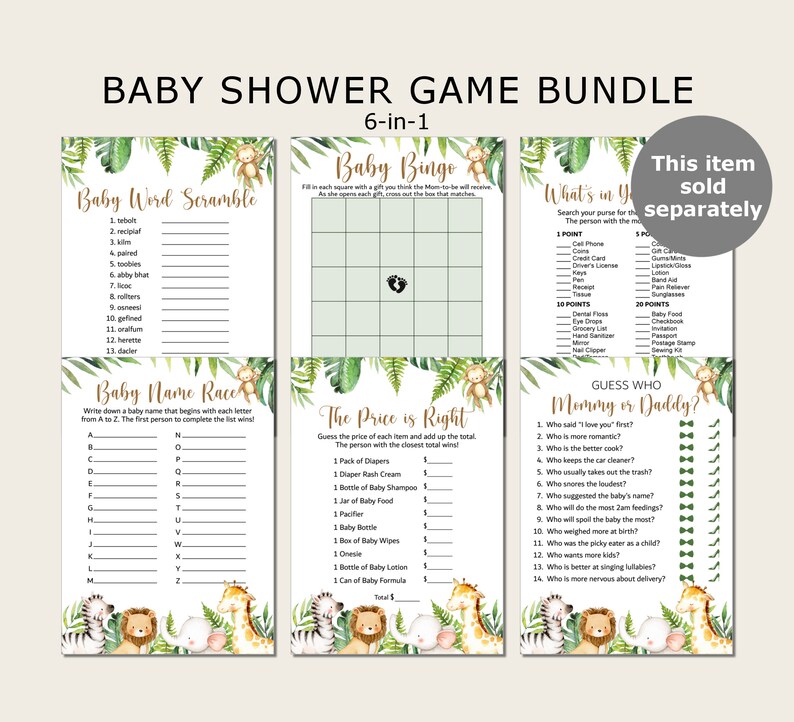 May include: A set of six printable baby shower game cards featuring jungle animal illustrations. The games include Baby Word Scramble, Baby Bingo, What's in Your Purse, Baby Name Race, The Price is Right, and Guess Who: Mummy or Daddy?