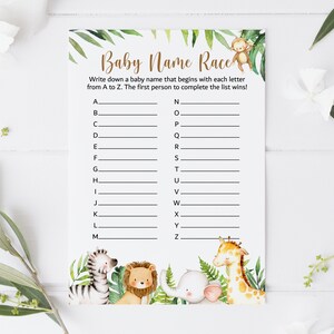 May include: A printable baby shower game with a jungle theme. The game is called "Baby Name Race" and instructs players to write down a baby name that begins with each letter of the alphabet. The game features illustrations of a monkey, zebra, lion, giraffe, and elephant.