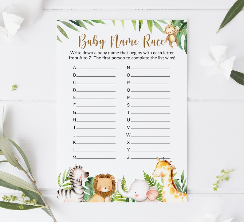 May include: A printable baby shower game with a jungle theme. The game is called "Baby Name Race" and instructs players to write down a baby name that begins with each letter of the alphabet. The game features illustrations of a monkey, zebra, lion, giraffe, and elephant.