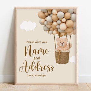 Name und Adresse Umschlag Zeichen Teddybär Wir können kaum warten Babyparty Heißluftballon-Babyparty Printable NICHT bearbeitbar A14 C14