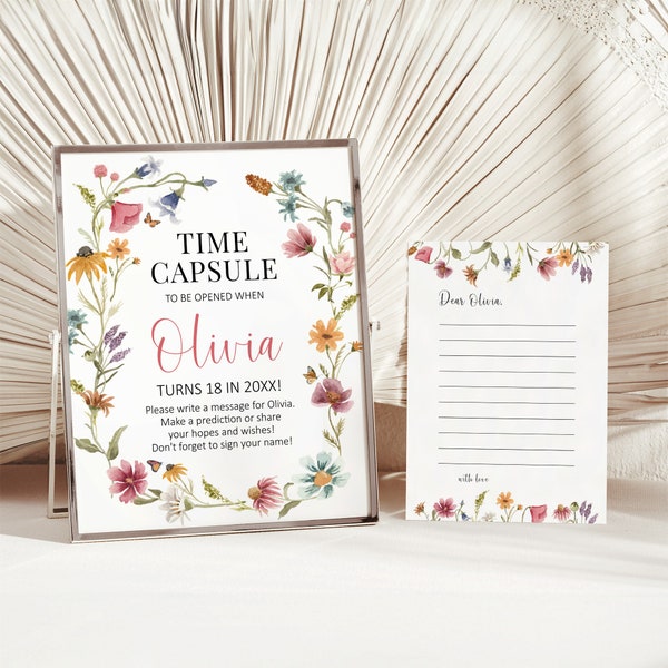 Editable Wildflower Time Capsule Note Cards and Sign Floral Birthday Baby Shower Template Printable Corjl 0123