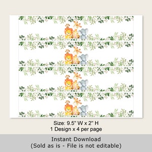 May include: Printable digital download of four 9.5 inches wide by 2 inches high labels featuring a watercolor illustration of a giraffe and lion with green foliage. The text "Size: 9.5" W x 2" H 1 Design x 4 per page Instant Download (Sold as is - File is not editable)" is at the bottom of the image.