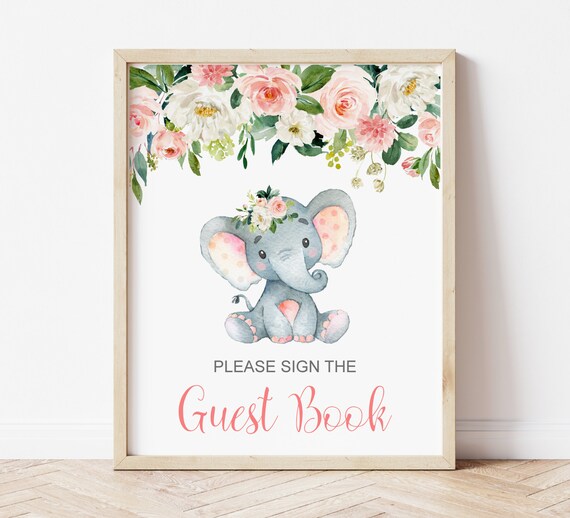 Elephant Guest Book Sign Pink Elephant Baby Shower Birthday Guestbook Sign Table Sign Printable NOT Editable A80 C80 Il_570xn