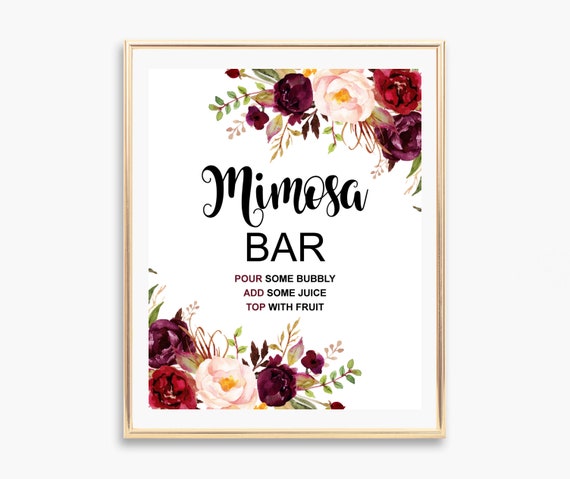 Mimosa Bar Sign Burgundy Bridal Shower Drinks Table Sign Marsala Maroon Blush Pink Floral NOT Editable A38 A68 B61 C48 Il_570xn