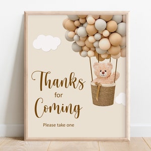 Thanks For Coming Sign Teddy Bear We Can Bearly Wait Baby Shower Hot Air Balloon Bear Birthday Thank You Sign Printable NOT Editable A14 C14