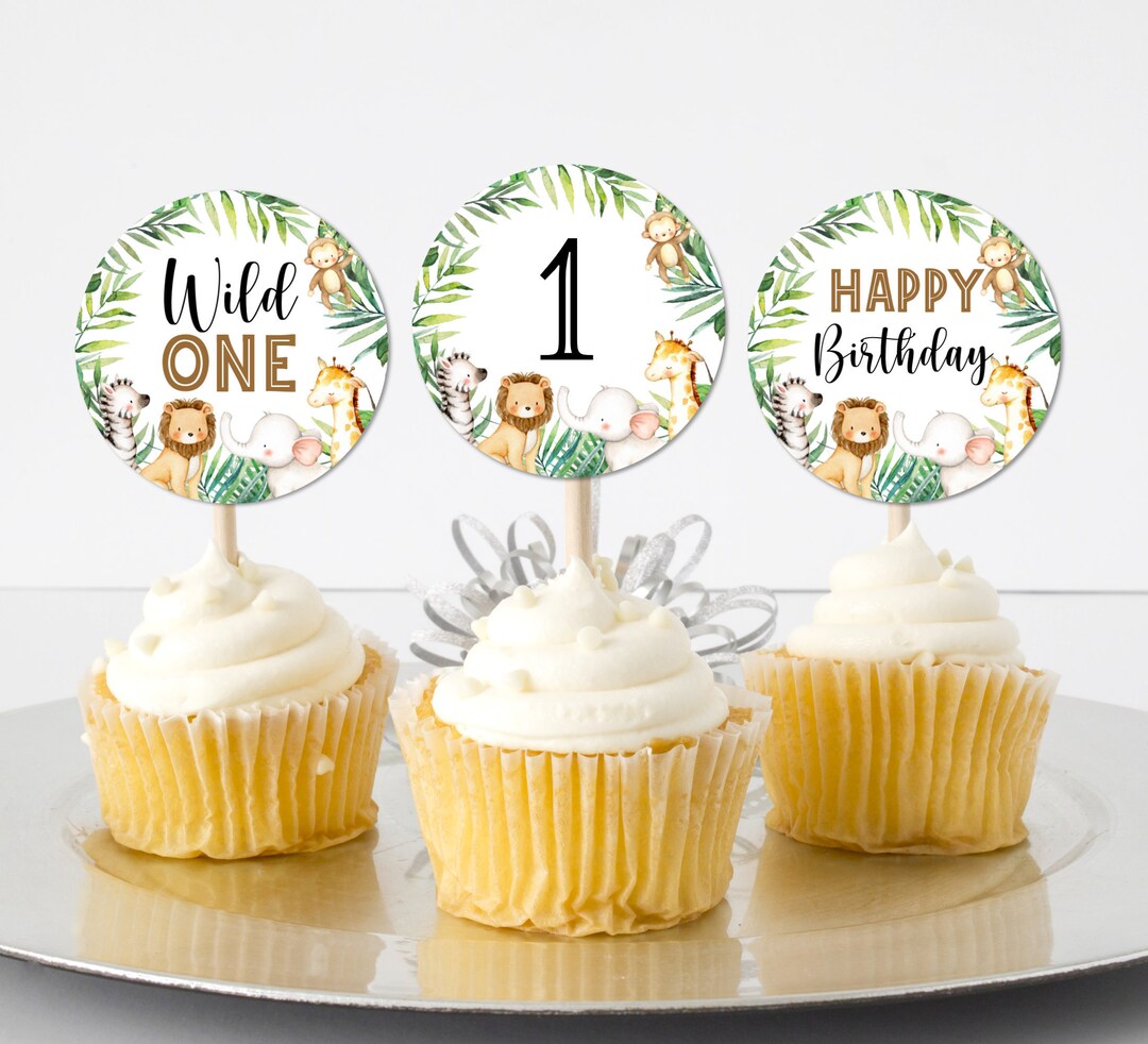 Wild One Cupcake Toppers Safari Birthday Jungle Zoo Animals First ...