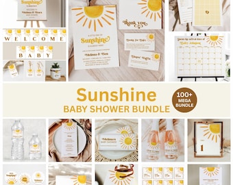 Editable Sunshine Baby Shower Invitation Bundle, Sun Baby Shower, Boho Baby Shower Template Printable, Digital Download, Corjl 0118