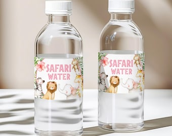 Etykiety na butelki z wodą Safari Girl Safari – Różowe zwierzęta dżungli, dekoracja na baby shower lub przyjęcie urodzinowe do druku 0127